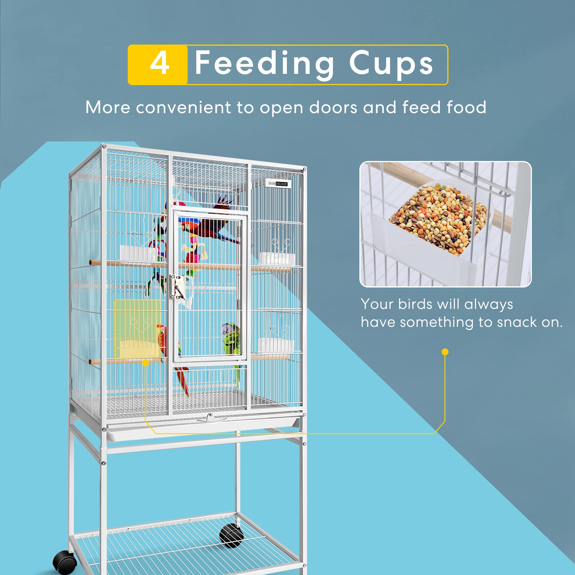 VIVOHOME 54 Inch Wrought Iron Large Bird Flight Cage with Rolling Stand for Parakeets Canaries Cockatiels Lovebirds Conures, Whi